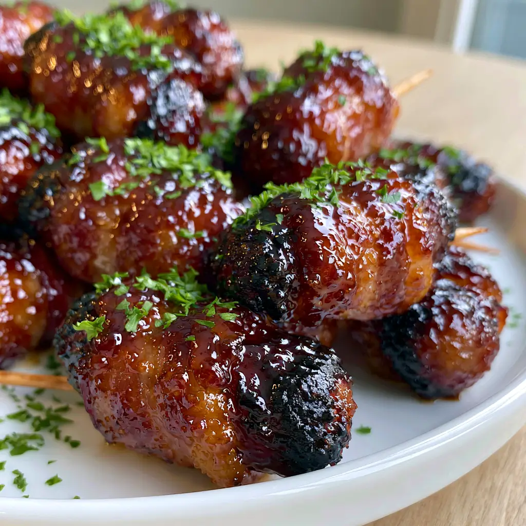 Bacon Wrapped Little Smokies with a Crispy Brown Sugar Glaze 1 A heap of glazed little smokies on a white platter, showing the tacky texture of the glaze.