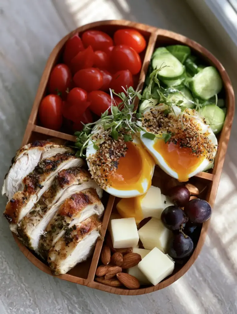 Healthy Bento Box Lunch with Herb-Crusted Chicken and Jammy Eggs 1 Healthy bento box lunch assembly with cheddar cubes, almonds, and grapes.