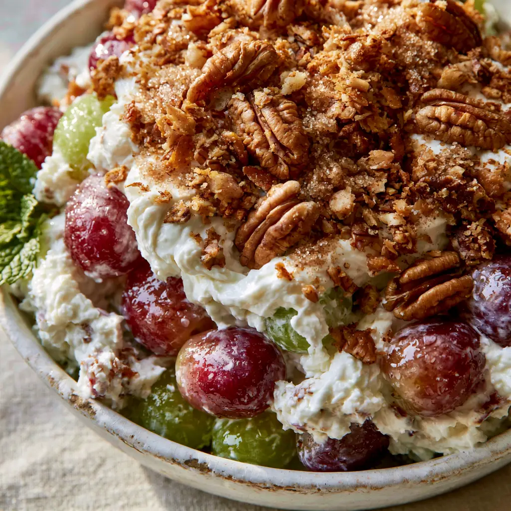 Grape Salad with Creamy Whipped Dressing and Toasted Pecan Crust 1 Close-up of toasted pecan crust and brown sugar on top of a creamy grape salad with mint garnish.