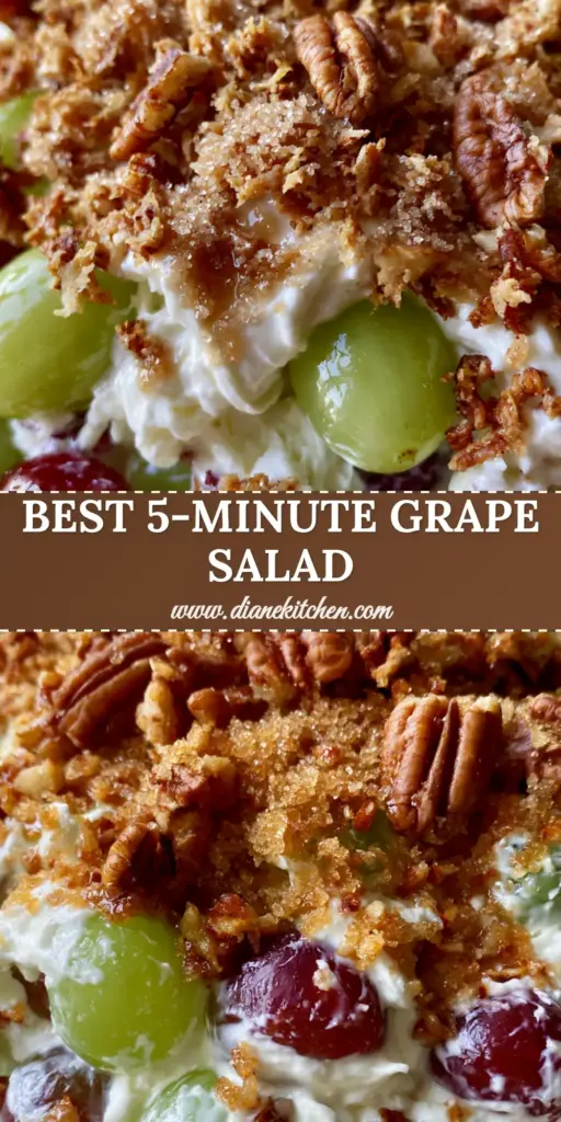 Grape Salad with Velvety Cream Cheese Dressing and Toasted Pecans 4 A towering serving of Southern grape salad with plump red and green grapes, thick cream cheese dressing, and a heavy topping of toasted pecan halves and brown sugar. (grape salad)