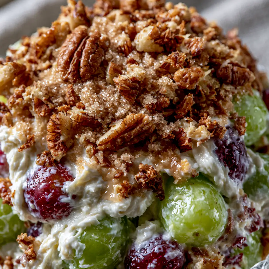 Grape Salad with Velvety Cream Cheese Dressing and Toasted Pecans 2 Extreme macro close-up of a grape salad showing glistening red and green grapes folded into a thick, stark-white cream cheese dressing with toasted pecans. (grape salad)