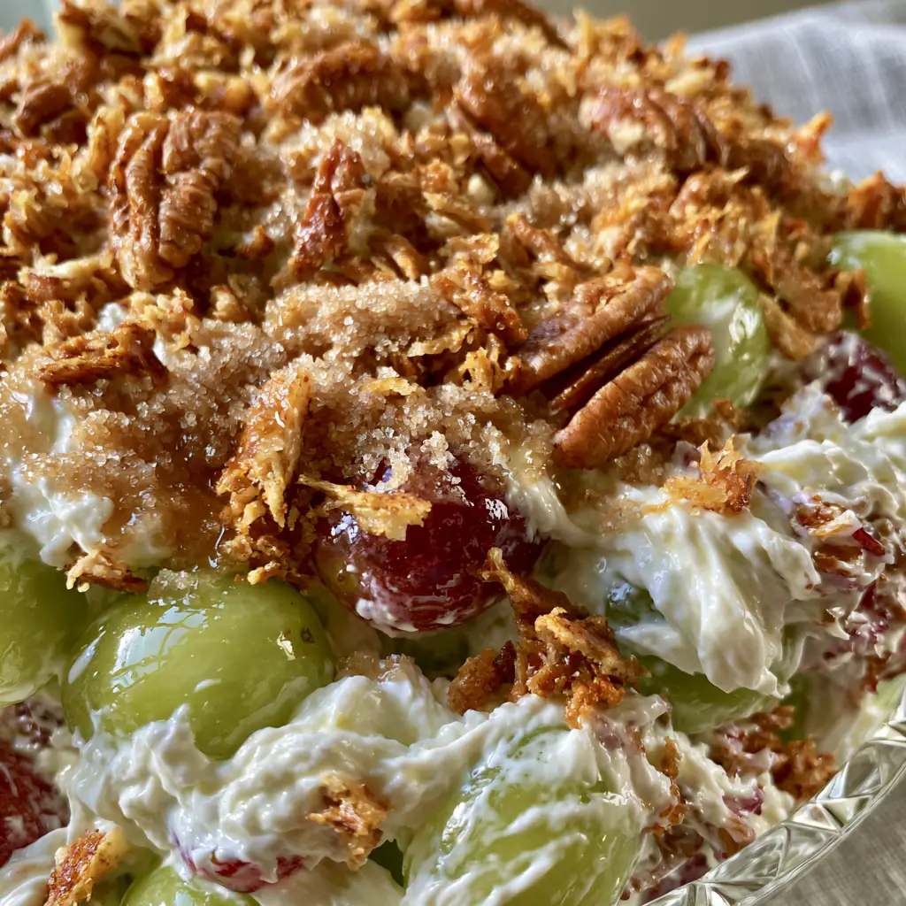 Grape Salad with Velvety Cream Cheese Dressing and Toasted Pecans 1 Macro view of toasted pecan halves and sparkling light brown sugar granules melting into a sour cream swirl on top of a grape salad.