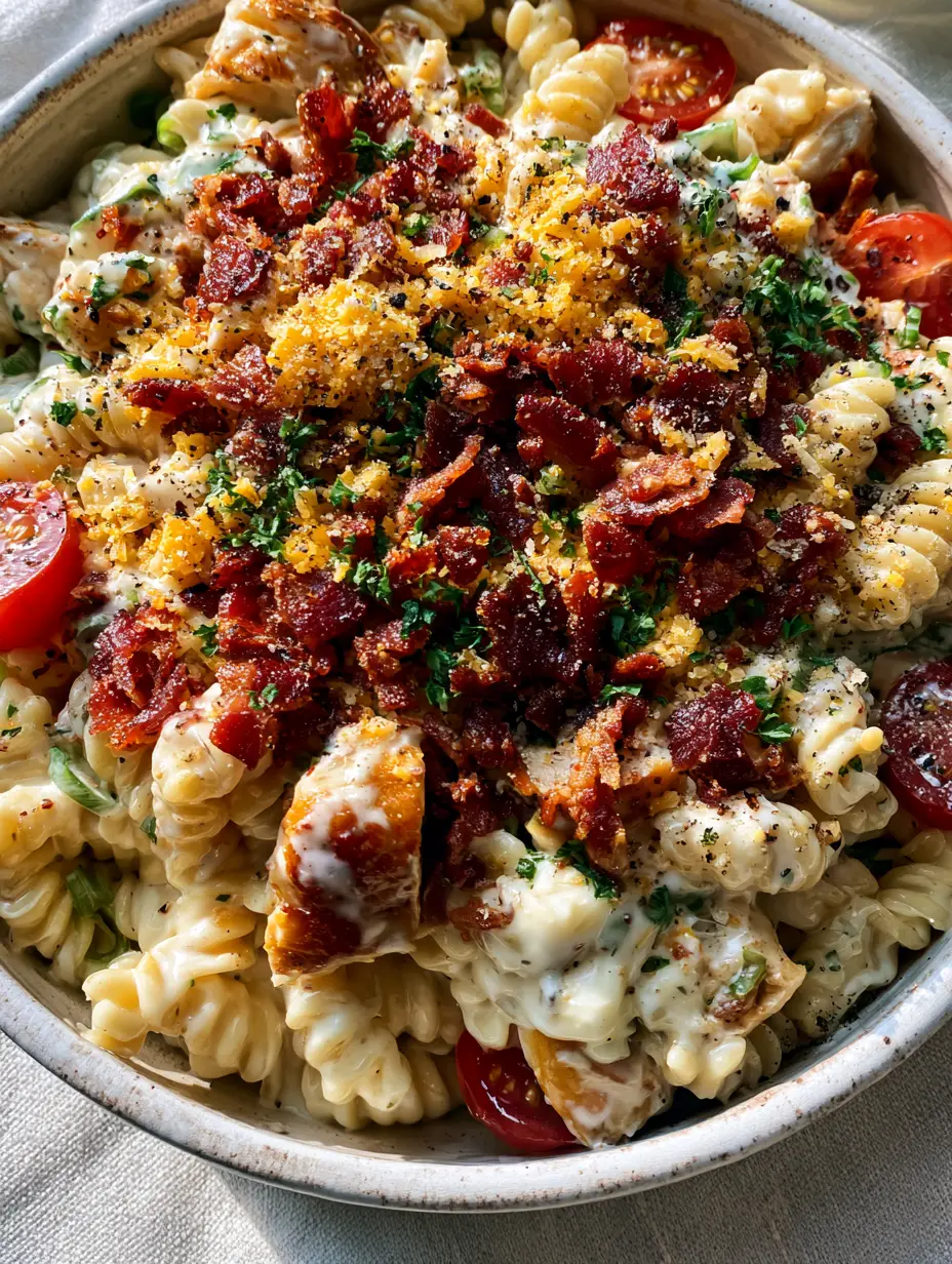 Chicken Bacon Ranch Pasta Salad with Crispy Bacon and Rotisserie Chicken 3 Close up of al dente fusilli in a thick velvety ranch dressing with golden chicken. (chicken bacon ranch pasta salad)
