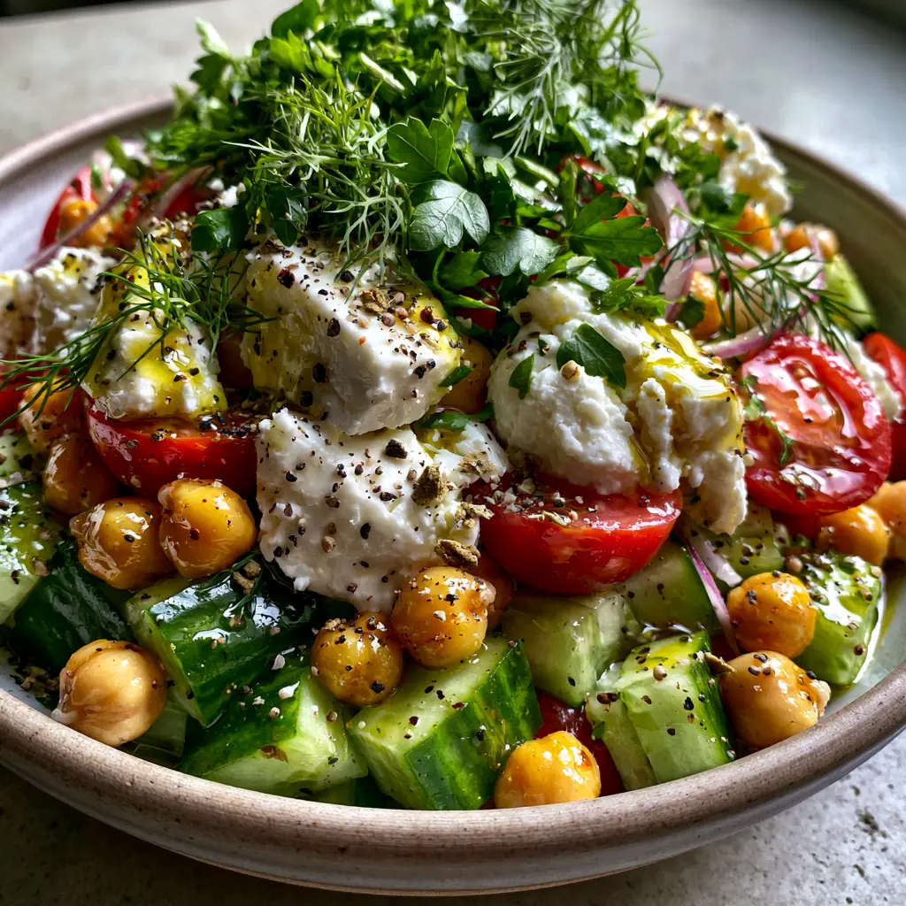 Cucumber Chickpea Feta Salad: The Ultimate 10-Minute Mediterranean Recipe 1 A wide-angle shot of the cucumber chickpea feta salad in a grey stone bowl on a concrete background with soft natural lighting.
