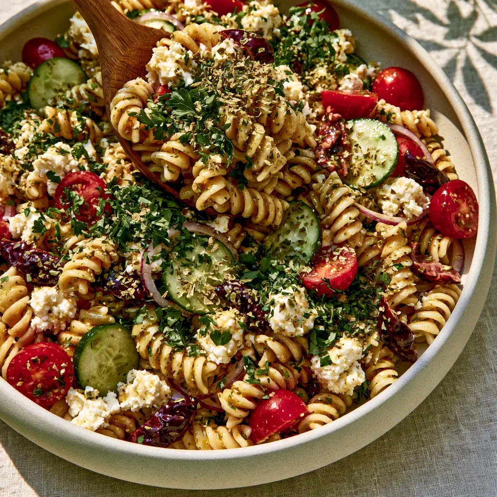 Summer Pasta Salad with Glossy Herb Vinaigrette and Feta 1 A large portion of Summer Pasta Salad being lifted with a wooden salad server showing the texture of rotini and fresh vegetables.