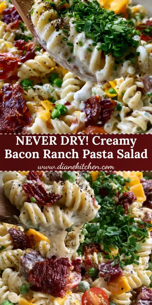Ranch Pasta Salad With Crispy Smoked Bacon And Sharp Cheddar 4 A large ceramic bowl of creamy Ranch Pasta Salad with rotini, crispy bacon, and bright green peas. (Ranch Pasta Salad)