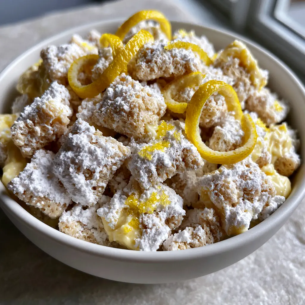 Lemonade Puppy Chow: The Ultimate Zesty and Creamy Summer Snack 2 Extreme macro top-down view of lemonade puppy chow cereal squares coated in white chocolate and snowy powdered sugar. (lemonade puppy chow)