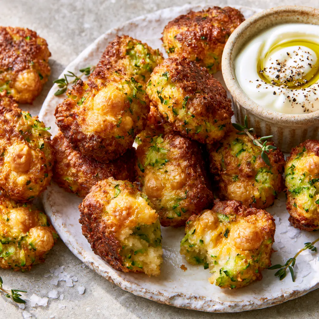 Cheesy Baked Zucchini Tots with Crispy Cheddar Edges 2 Top-down view of Cheesy Baked Zucchini Tots showing crispy charred cheddar edges and fresh thyme sprigs.