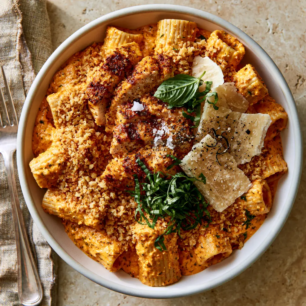 Back to School Dinner Ideas: Creamy Sun-Dried Tomato Chicken Rigatoni 2 Overhead view of creamy sun-dried tomato pesto pasta with grilled chicken slices and panko topping. (Back to School Dinner Ideas)