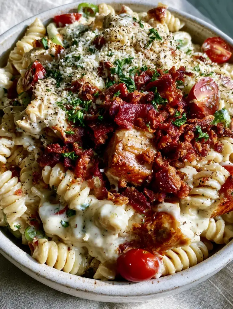 Chicken Bacon Ranch Pasta Salad with Crispy Bacon and Rotisserie Chicken 1 Overhead view of chicken bacon ranch pasta salad featuring deep-red bacon and cherry tomatoes.