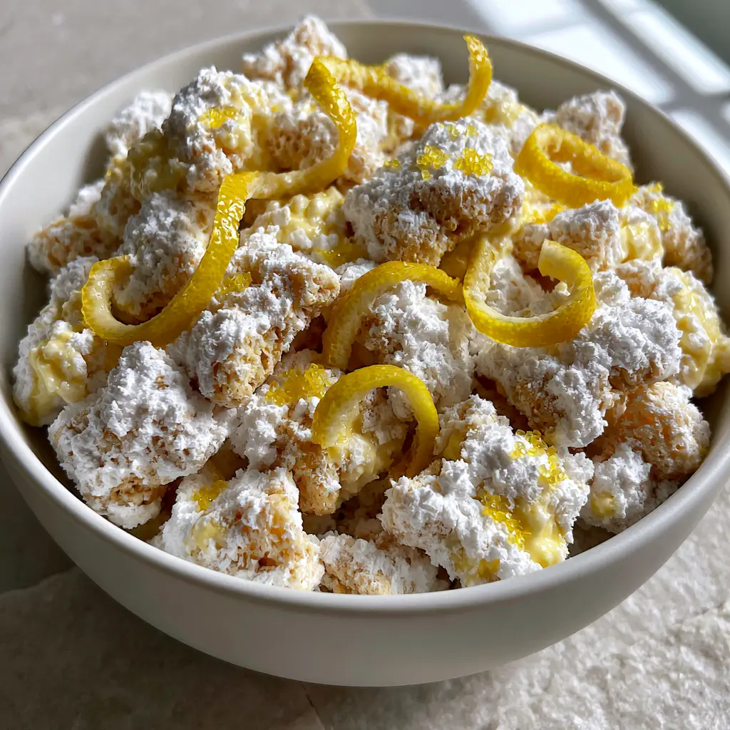 Lemonade Puppy Chow: The Ultimate Zesty and Creamy Summer Snack 1 Modern matte white bowl overflowing with lemonade puppy chow garnished with vibrant lemon zest curls on a grey stone background.