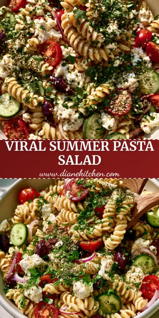Summer Pasta Salad with Glossy Herb Vinaigrette and Feta 3 A close-up shot of vibrant Summer Pasta Salad with rotini, feta, and cherry tomatoes in a white ceramic bowl.