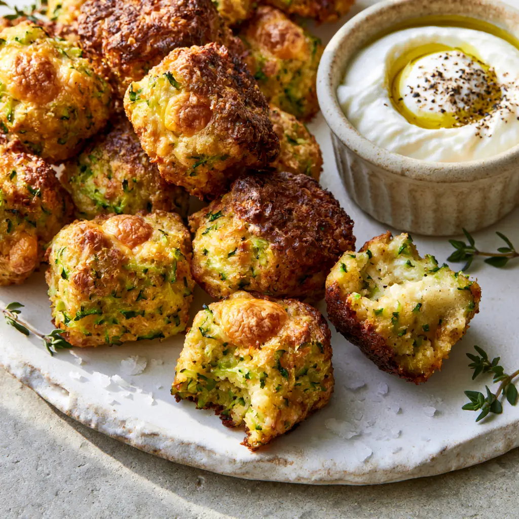 Cheesy Baked Zucchini Tots with Crispy Cheddar Edges 1 A broken open zucchini tot revealing a steaming tender interior next to a ramekin of yogurt dip.