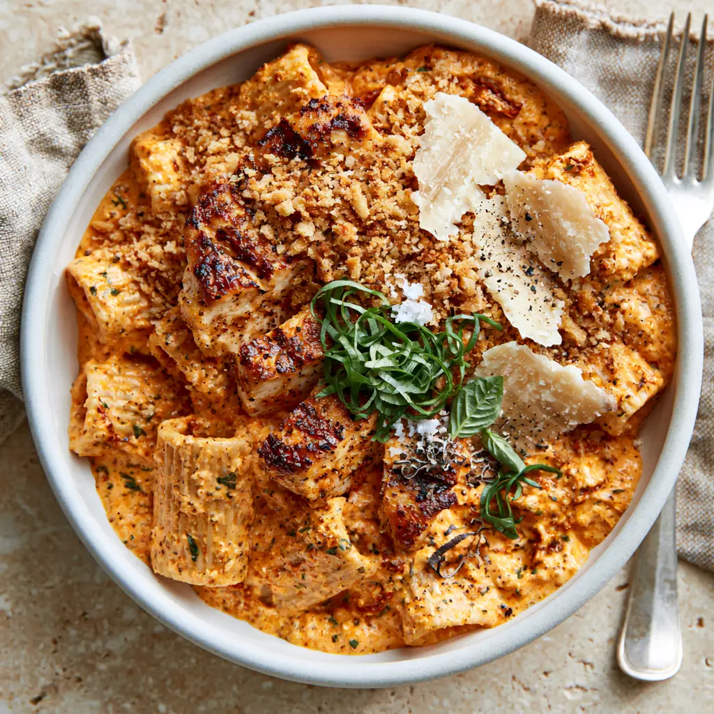 Back to School Dinner Ideas: Creamy Sun-Dried Tomato Chicken Rigatoni 1 A professional plating of chicken rigatoni with shaved parmesan and fresh basil ribbons.