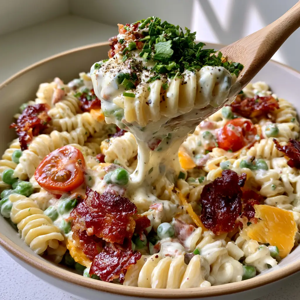 Ranch Pasta Salad With Crispy Smoked Bacon And Sharp Cheddar 2 Smartphone photo showing a wooden spoon lifting thick, glossy Ranch Pasta Salad with visible bacon and tomatoes. (Ranch Pasta Salad)