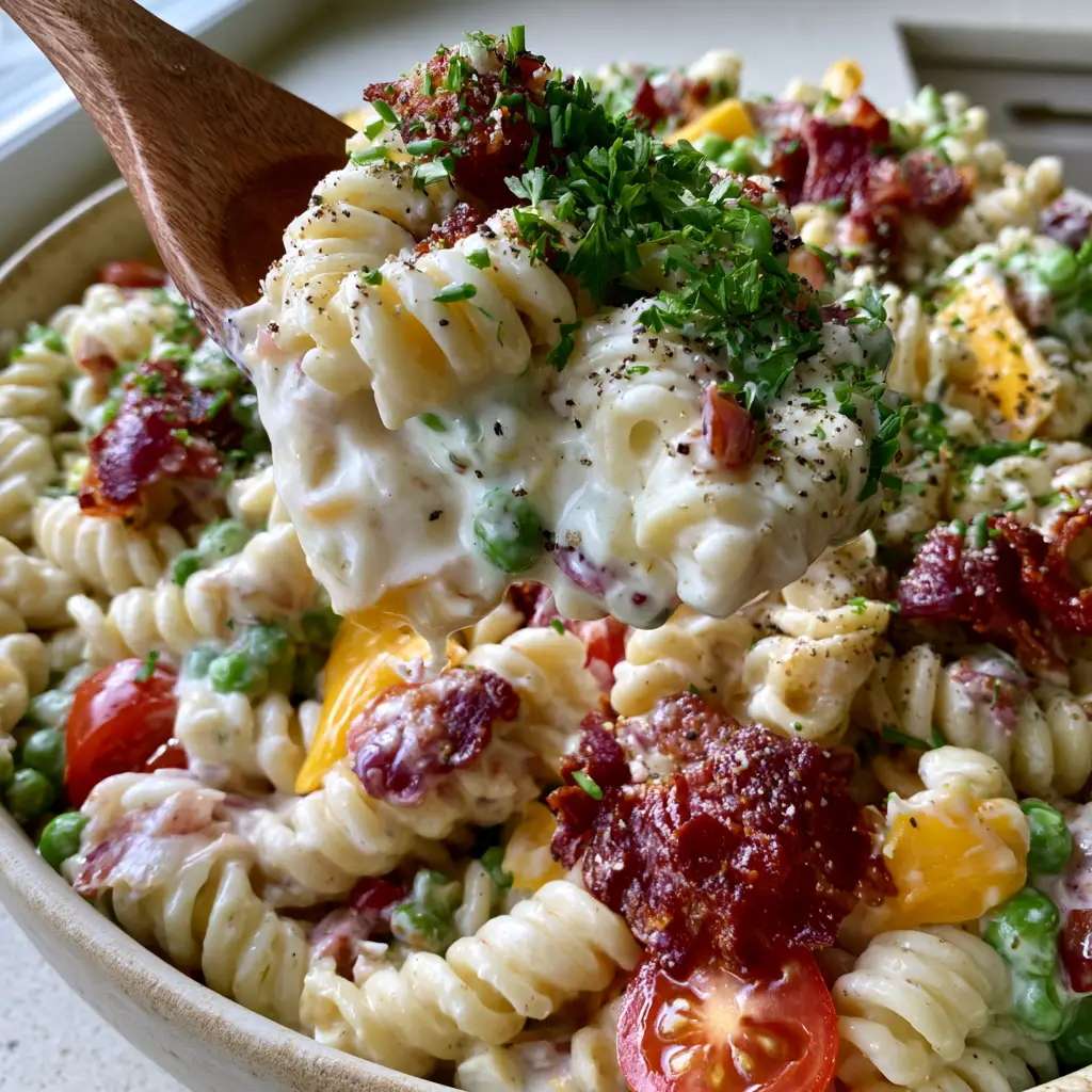 Ranch Pasta Salad With Crispy Smoked Bacon And Sharp Cheddar 1 Close-up of Ranch Pasta Salad in a ceramic bowl, showcasing bright green peas and deep red smoked bacon bits.