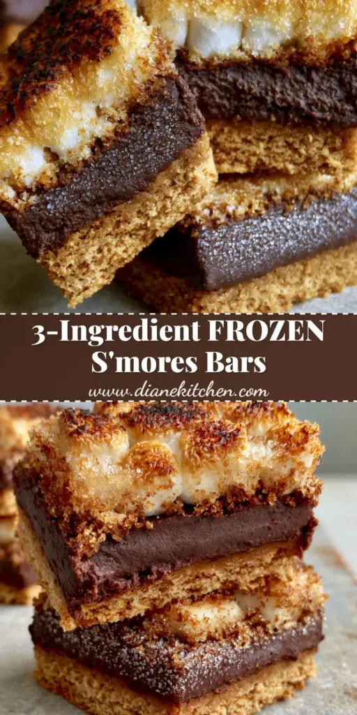 Frozen S'mores Bars with Toasted Marshmallows and Dark Chocolate Ganache 4 A stack of thick Frozen s'mores bars with charred marshmallow tops and a dark chocolate ganache layer on a stone surface.