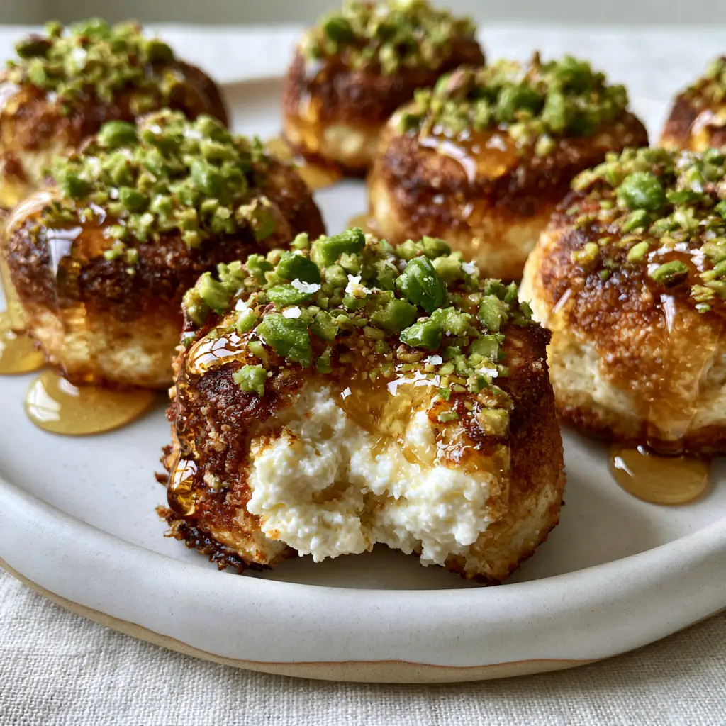 Ricotta Pistachio Honey Bites: The Ultimate Gourmet Sweet and Salty Appetizer 2 Close-up handheld photo of golden ricotta pistachio honey bites with one broken open to reveal a fluffy white center.