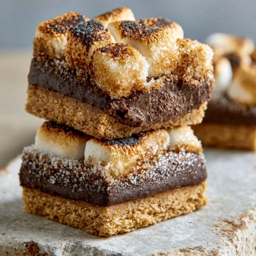 Frozen S'mores Bars with Toasted Marshmallows and Dark Chocolate Ganache 2 Close-up eye-level shot of three thick Frozen s'mores bars showing the frost crystals on the ganache.