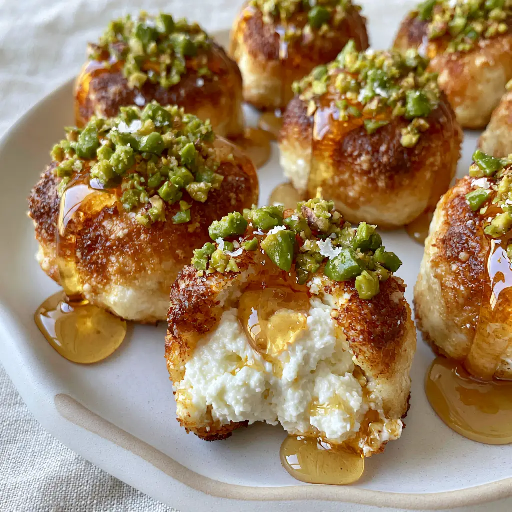 Ricotta Pistachio Honey Bites: The Ultimate Gourmet Sweet and Salty Appetizer 1 Top-down view of gourmet ricotta pistachio honey bites on a matte white plate with honey drizzle and raw pistachios.