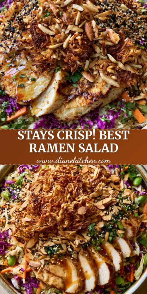Ramen Noodle Chicken Salad: The Ultimate Crunchy Asian Slaw with Ginger Soy Dressing 3 A vibrant Ramen noodle chicken salad in a rustic ceramic bowl with toasted golden noodles and seared chicken. (Ramen noodle chicken salad)