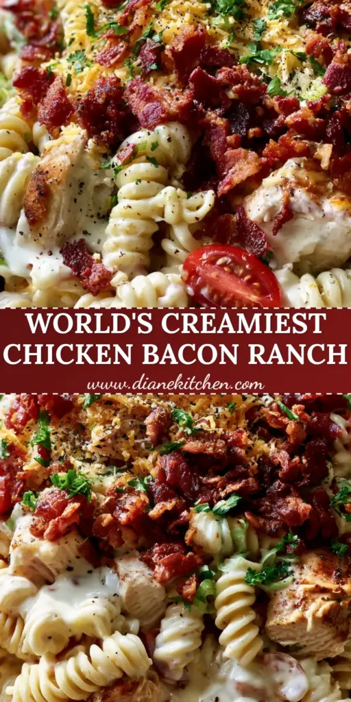 Chicken Bacon Ranch Pasta Salad with Crispy Bacon and Rotisserie Chicken 4 A rustic white bowl overflowing with creamy chicken bacon ranch pasta salad topped with cheddar and parsley.