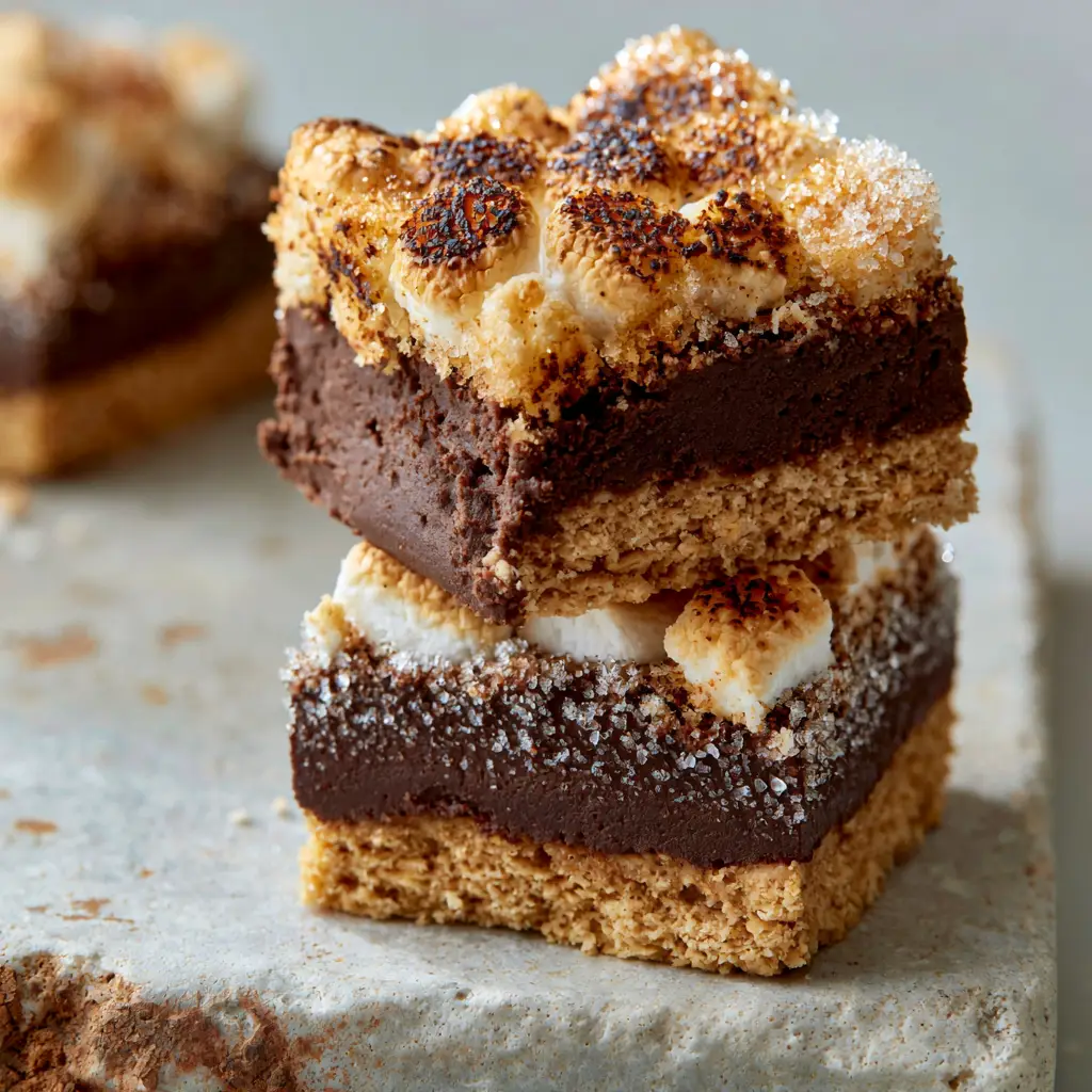 Frozen S'mores Bars with Toasted Marshmallows and Dark Chocolate Ganache 1 A stack of Frozen s'mores bars showcasing the charred mini marshmallows and buttery graham cracker crust.