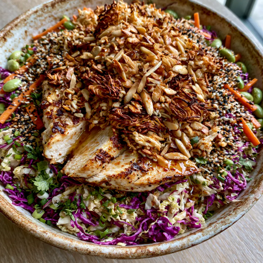 Ramen Noodle Chicken Salad: The Ultimate Crunchy Asian Slaw with Ginger Soy Dressing 2 Top-down view of Ramen noodle chicken salad showing purple cabbage, orange carrots, and seared chicken strips. (Ramen noodle chicken salad)
