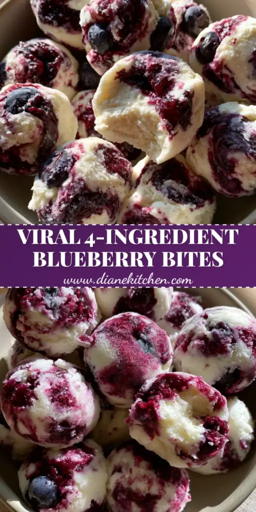 A heap of frozen Blueberry Greek Yogurt Bites with deep violet swirls in a matte cream ceramic bowl on a light oak table.