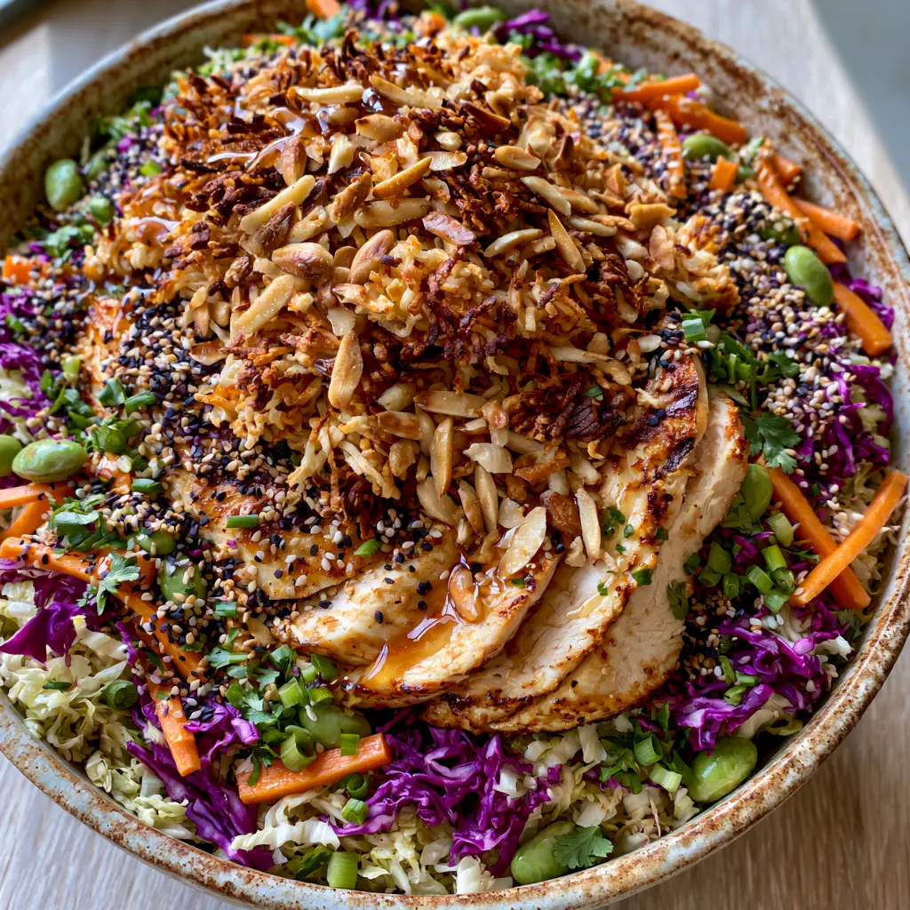 Ramen Noodle Chicken Salad: The Ultimate Crunchy Asian Slaw with Ginger Soy Dressing 1 Close up of the glossy ginger soy dressing on a Ramen noodle chicken salad with sesame seeds.
