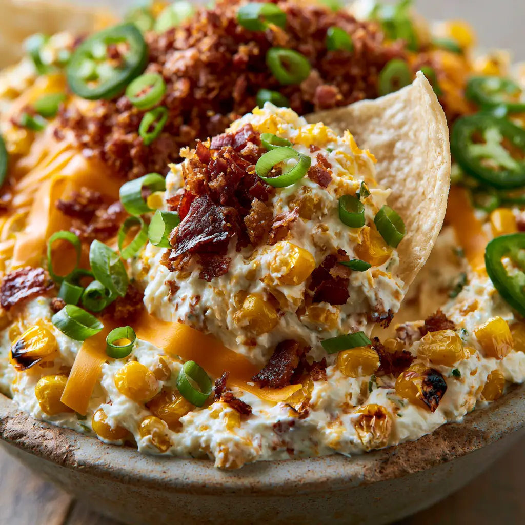 Corn Dip: The Ultimate Cheesy Bacon and Charred Sweet Corn Recipe 2 Extreme low-angle close-up of a corn chip scooping into a thick, creamy white corn dip with melted orange cheddar. (corn dip)