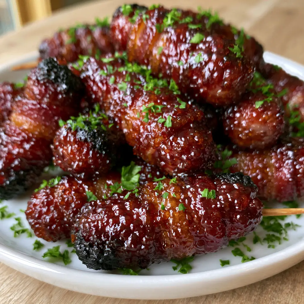 Bacon Wrapped Little Smokies with a Crispy Brown Sugar Glaze 2 Close up of crispy bacon wrapped little smokies with bubbling brown sugar glaze and parsley. (bacon wrapped little smokies)