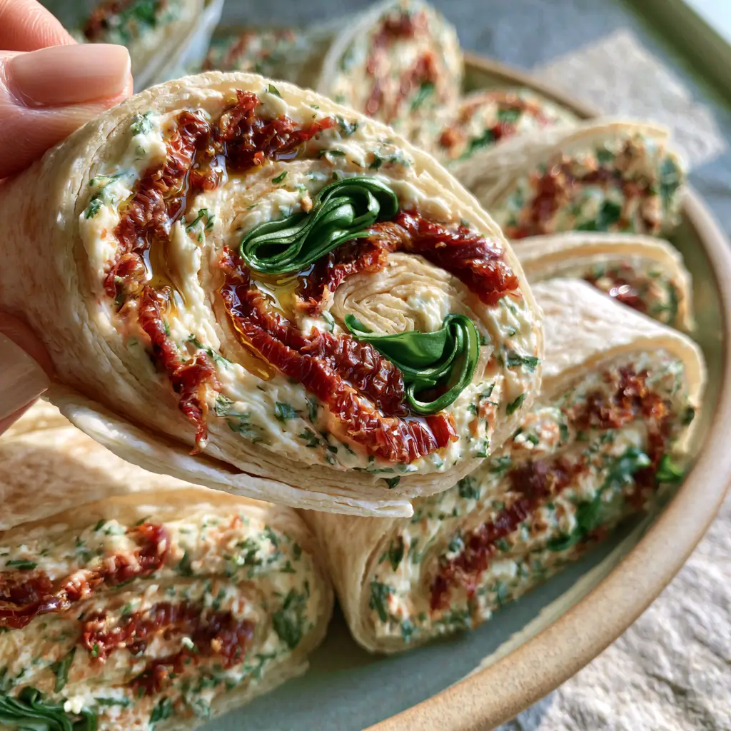Sun-Dried Tomato Basil Roll-Ups with Whipped Herb Cream Cheese 2 Macro shot of sun-dried tomato basil roll-ups showcasing the thick cream cheese and emerald green basil ribbons.