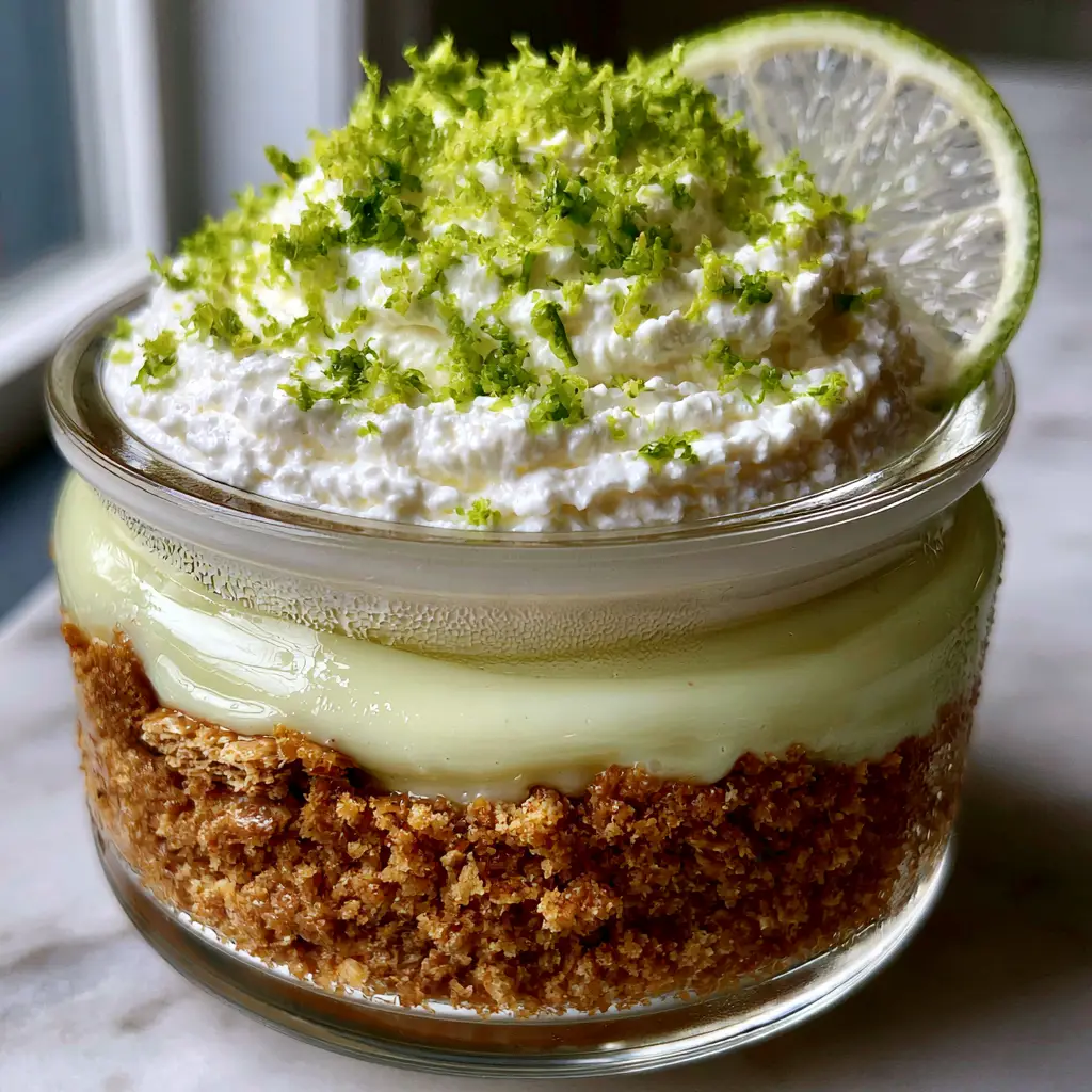 Key Lime Pie Trifle: The Ultimate Easy No-Bake Summer Dessert 2 Close-up of a Key lime pie trifle in a glass jar with visible condensation and thick, velvety lime custard layers.