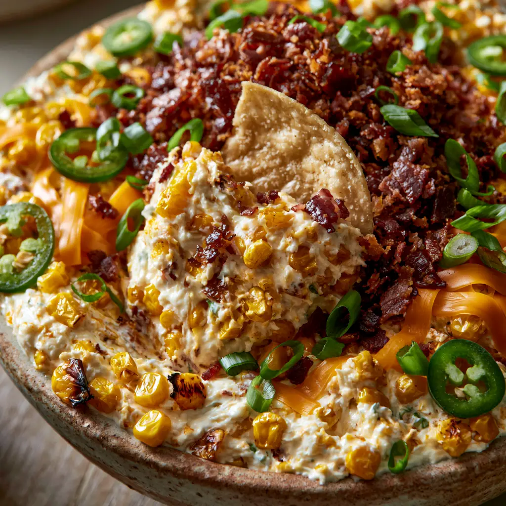 Corn Dip: The Ultimate Cheesy Bacon and Charred Sweet Corn Recipe 1 A rustic stoneware bowl overflowing with corn dip, garnished with mahogany-colored bacon bits and green jalapeño rounds. (corn dip)