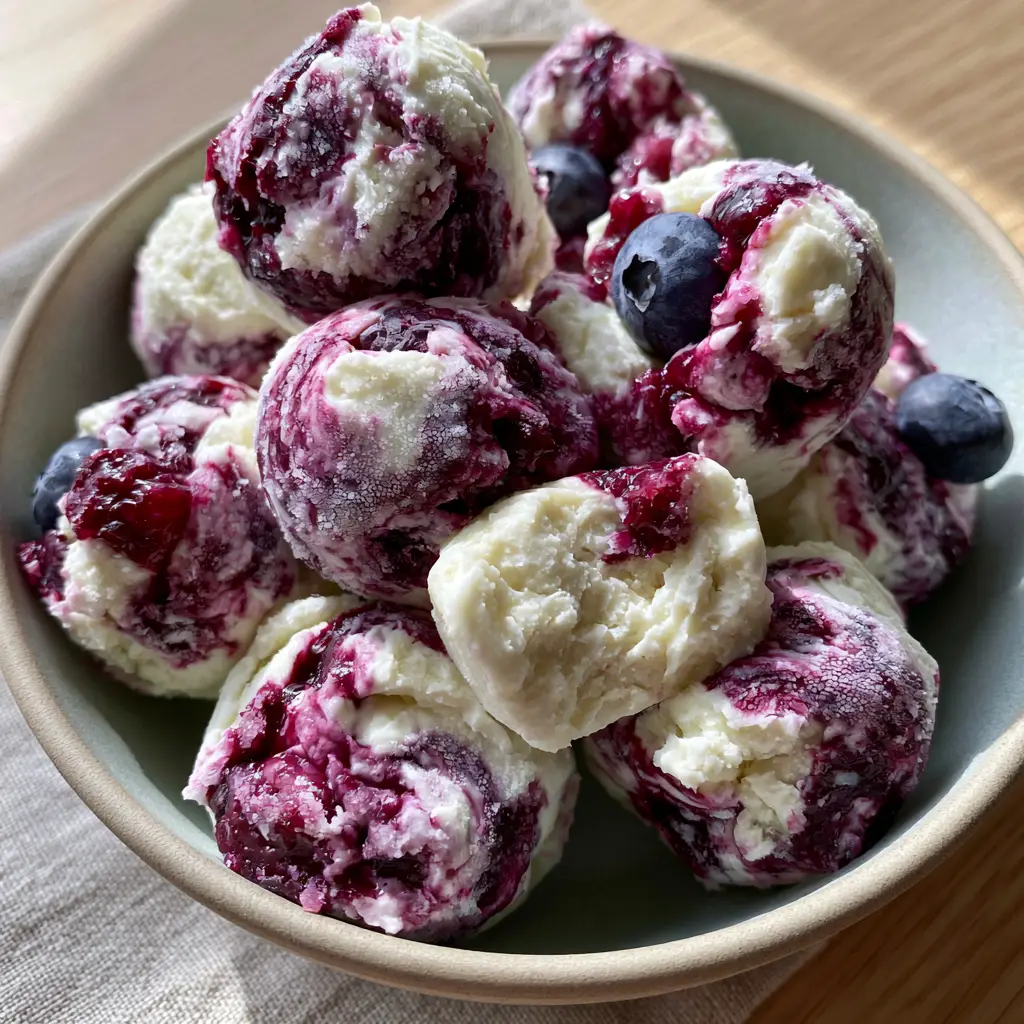 A single Blueberry Greek Yogurt Bite bitten in half revealing a dense, creamy frozen interior.