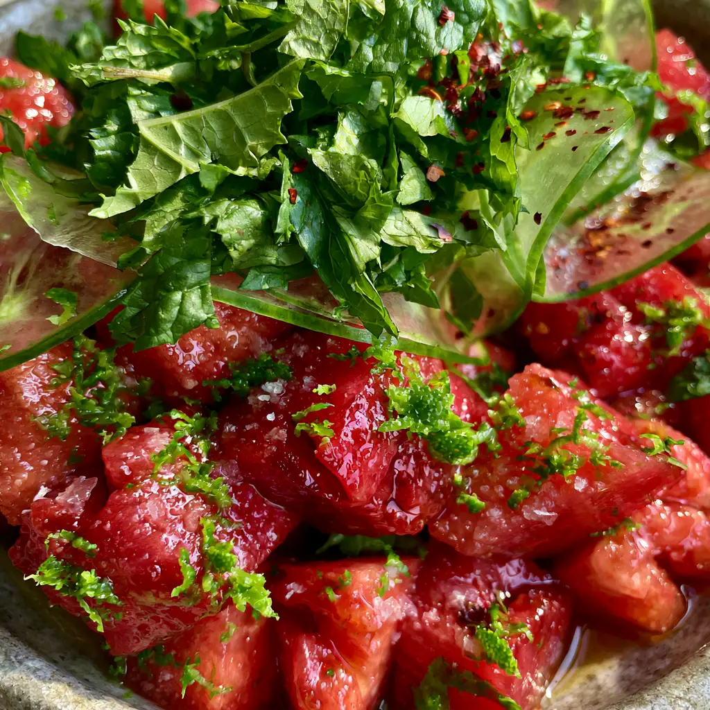 Watermelon recipes: The Ultimate Chilled Honey-Lime Salad with Persian Cucumbers 1 Extreme close-up of translucent Persian cucumber slices and torn mint on a watermelon salad. (watermelon recipes)