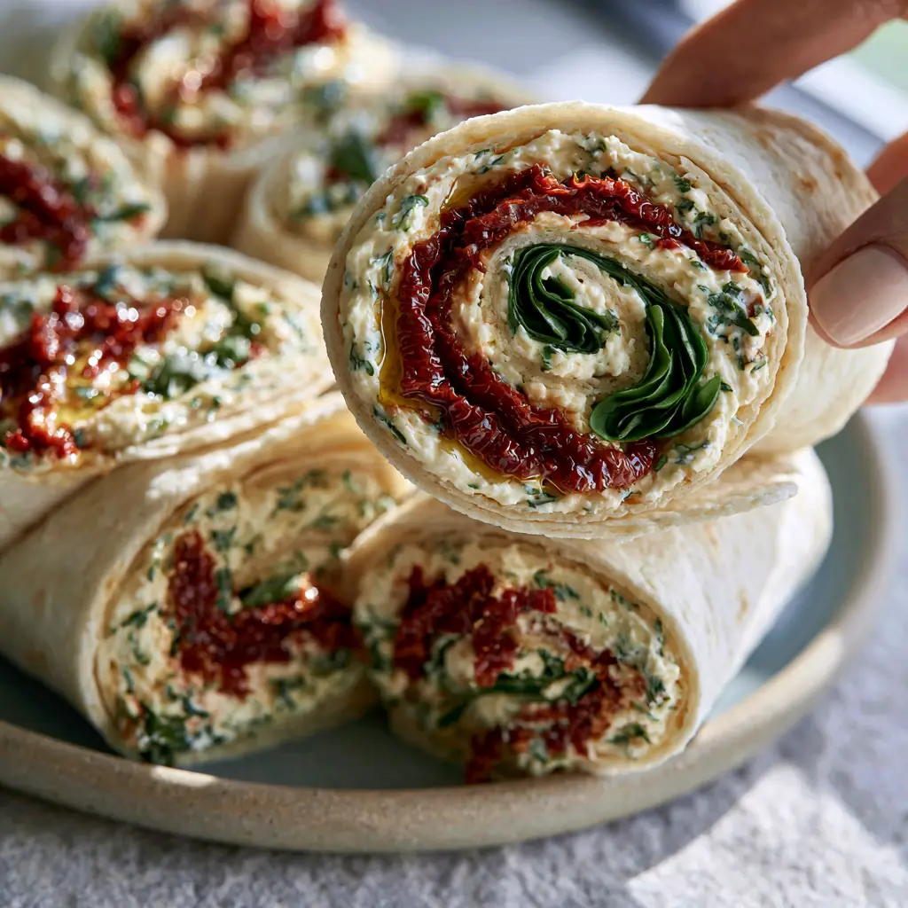 Sun-Dried Tomato Basil Roll-Ups with Whipped Herb Cream Cheese 1 Hand picking up a sun-dried tomato basil roll-up from a ceramic plate, highlighting the creamy texture.