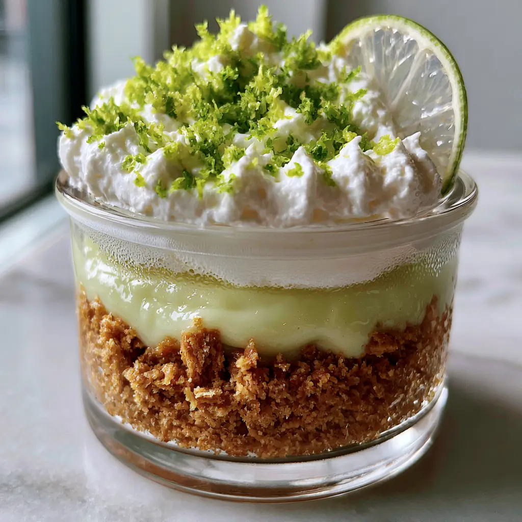 Key Lime Pie Trifle: The Ultimate Easy No-Bake Summer Dessert 1 A handheld smartphone photo of a Key lime pie trifle on a marble countertop with soft natural lighting.