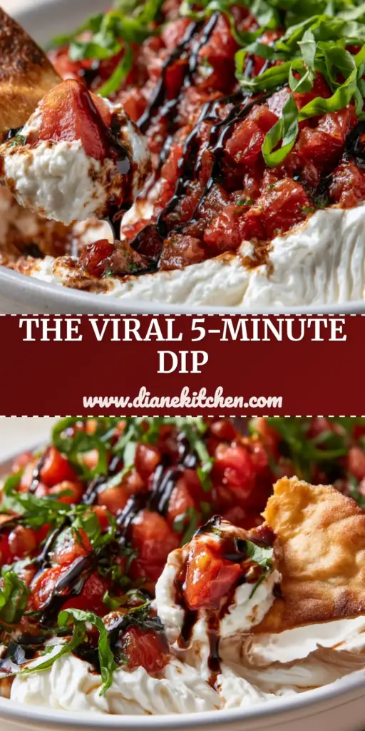 Dip Recipes: Whipped Garlic Cream Cheese with Balsamic Tomato Topping 4 A close-up vertical shot of whipped garlic cream cheese topped with balsamic tomatoes and basil ribbons for the best Dip Recipes.