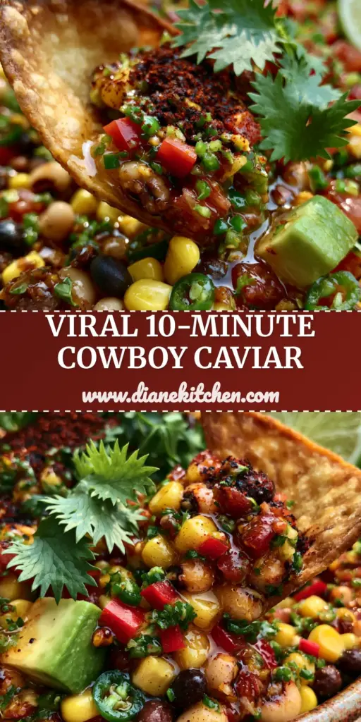 Cowboy Caviar Dip: The Ultimate Zesty Party Appetizer with Honey-Lime Glaze 4 A close-up view of a rustic ceramic bowl filled with Cowboy Caviar Dip, featuring black beans, corn, and avocado with a salty tortilla chip.