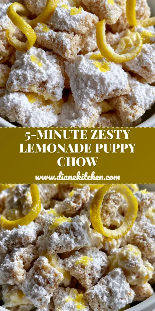 Lemonade Puppy Chow: The Ultimate Zesty and Creamy Summer Snack 4 A close-up vertical shot of lemonade puppy chow in a white bowl showing the thick powdered sugar coating and long lemon zest curls.