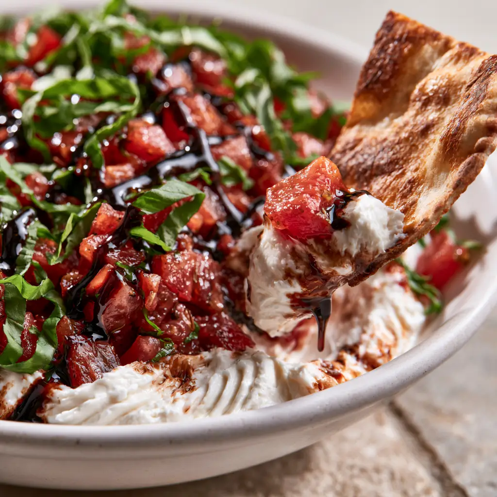 Dip Recipes: Whipped Garlic Cream Cheese with Balsamic Tomato Topping 2 An ultra-close-up 45-degree angle shot of a luxurious cream cheese dip with visible ridges, balsamic glaze, and fresh basil. (Dip Recipes)