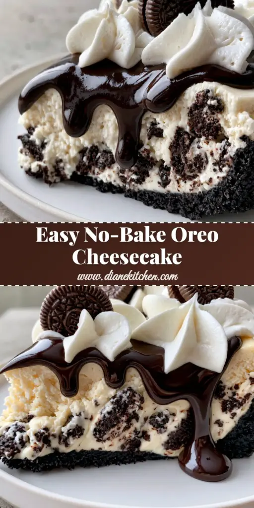No Bake Oreo Cheesecake: The Ultimate Cookies and Cream Showstopper 3 A close-up shot of a perfect slice of no bake oreo cheesecake featuring a glossy chocolate drip and mini Oreos.