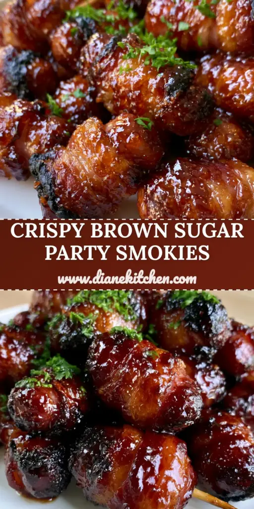 Bacon Wrapped Little Smokies with a Crispy Brown Sugar Glaze 4 A pile of bacon wrapped little smokies on a white ceramic platter with charred edges and mahogany glaze. (bacon wrapped little smokies)