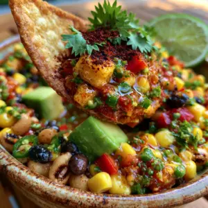Macro close-up of Cowboy Caviar Dip in a bowl with a glossy dressing and fresh cilantro garnish.