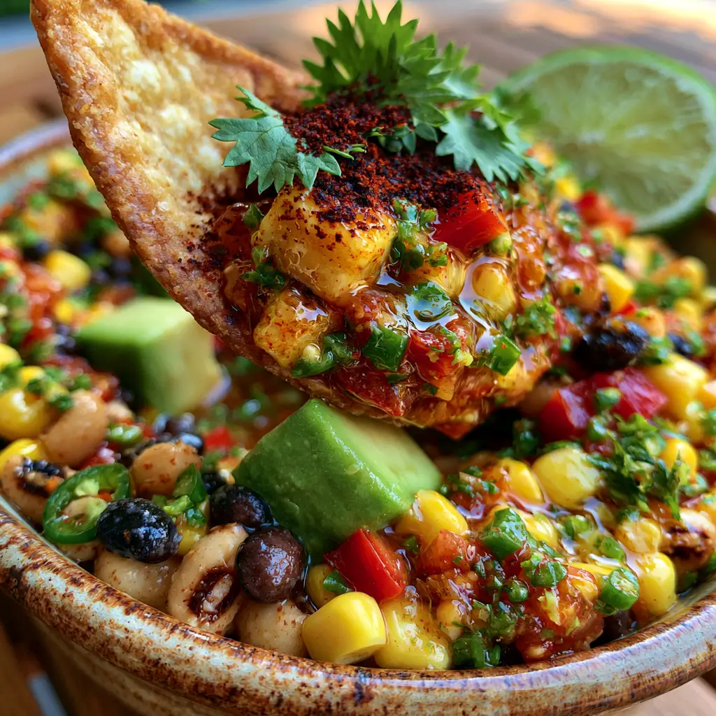 Cowboy Caviar Dip: The Ultimate Zesty Party Appetizer with Honey-Lime Glaze 2 Macro close-up of Cowboy Caviar Dip in a bowl with a glossy dressing and fresh cilantro garnish.