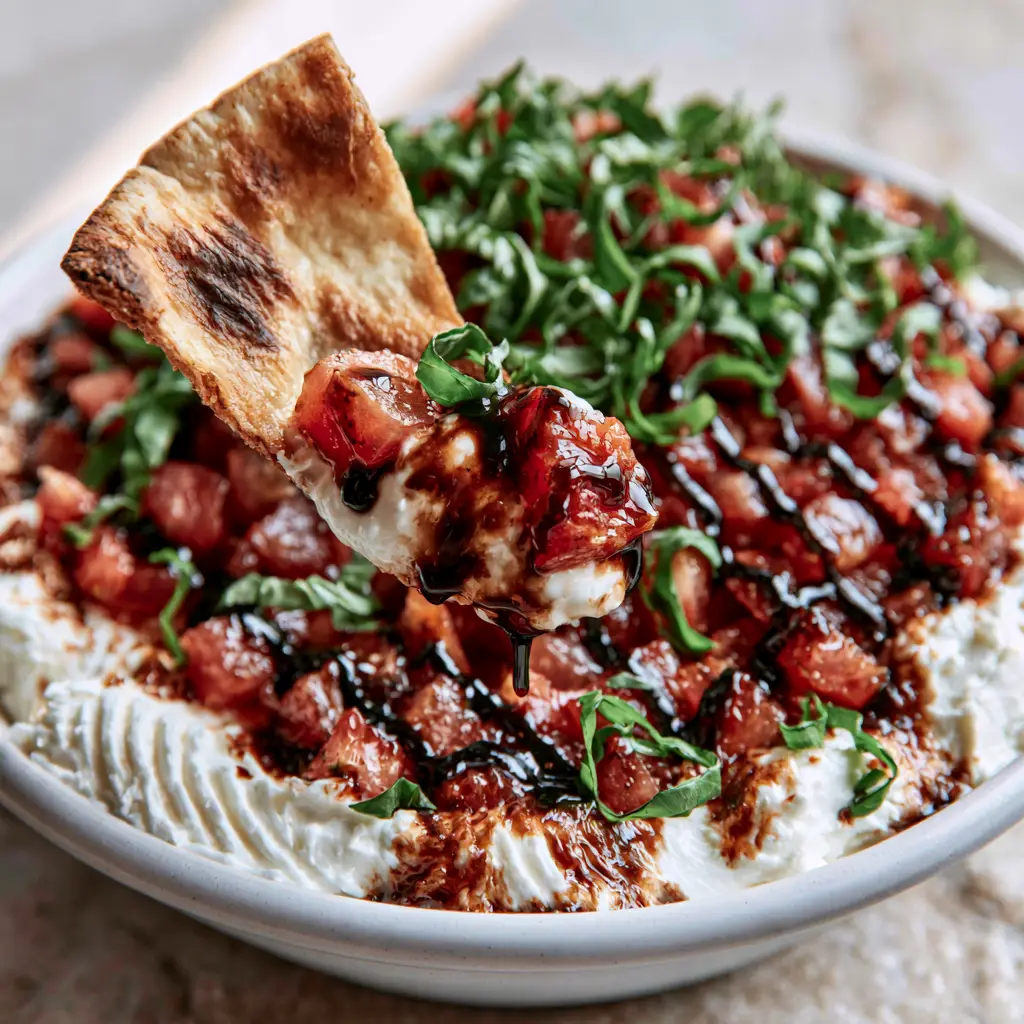 Dip Recipes: Whipped Garlic Cream Cheese with Balsamic Tomato Topping 1 A golden-brown pita chip scooping a thick mound of garlic cream cheese and juicy Roma tomatoes.