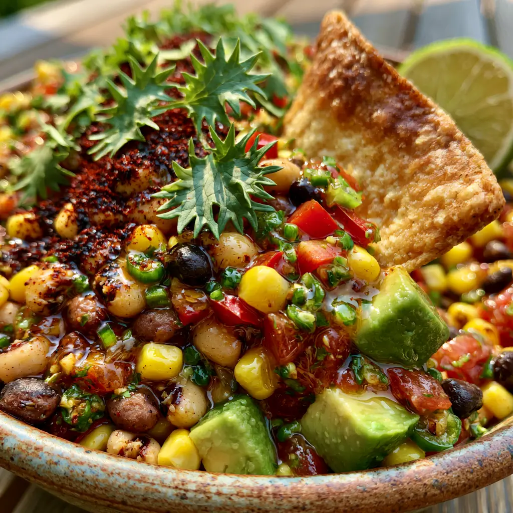 Cowboy Caviar Dip: The Ultimate Zesty Party Appetizer with Honey-Lime Glaze 1 A tortilla chip scooping up a portion of Cowboy Caviar Dip showing creamy avocado and red bell peppers.