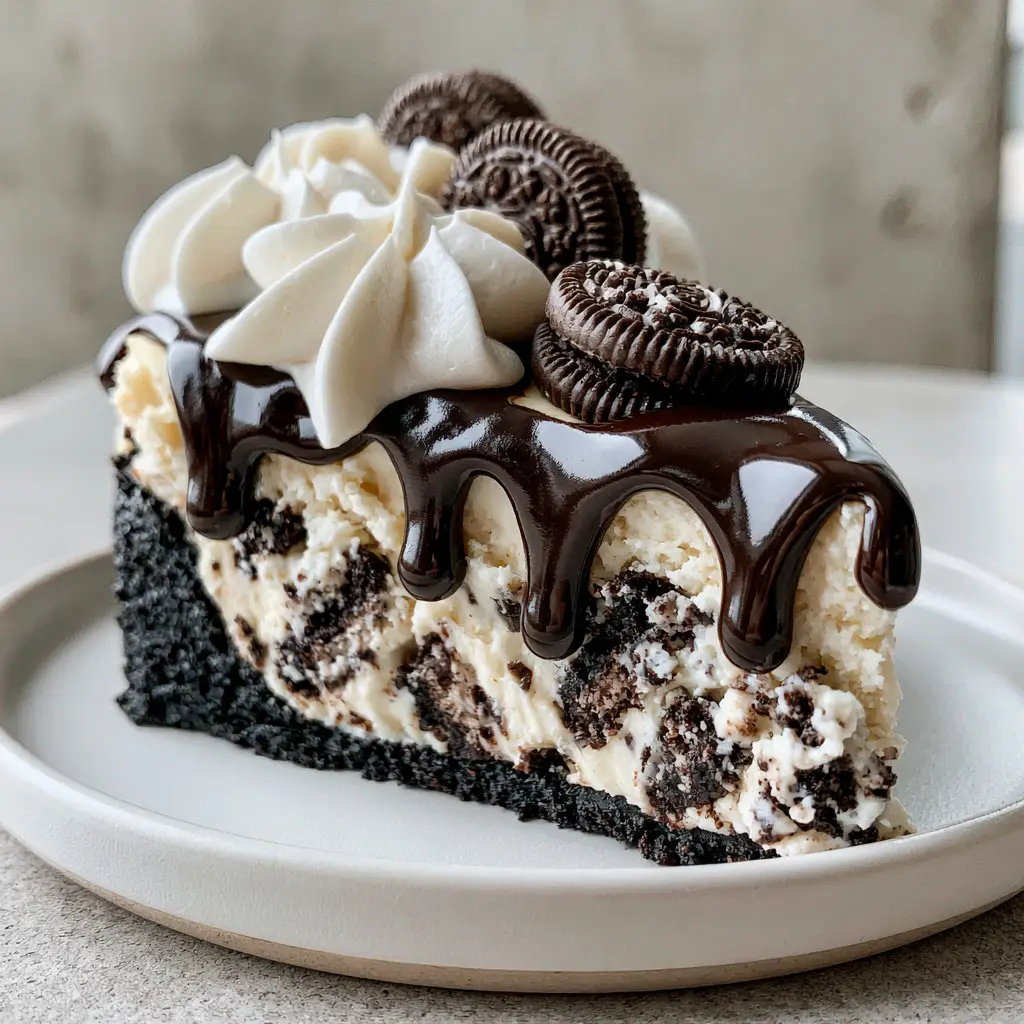 No Bake Oreo Cheesecake: The Ultimate Cookies and Cream Showstopper 2 A handheld smartphone photo of a slice of no bake oreo cheesecake on a white plate with thick cookies and cream filling.
